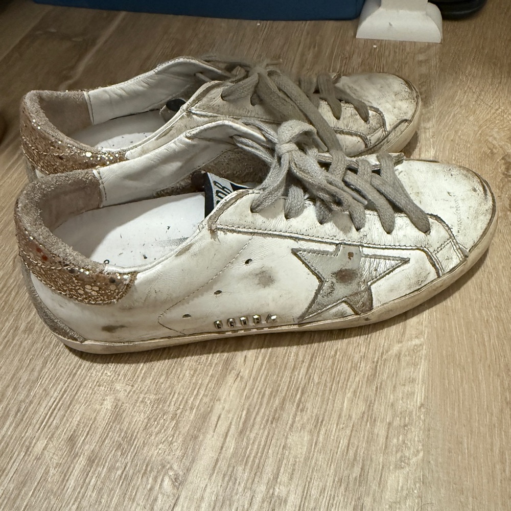 Golden Goose White and Gold Sequin Sneakers